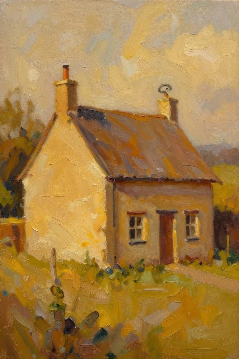 Impressionist oil painting of beige cottage with brown roof, chimneys, and yellow foliage.