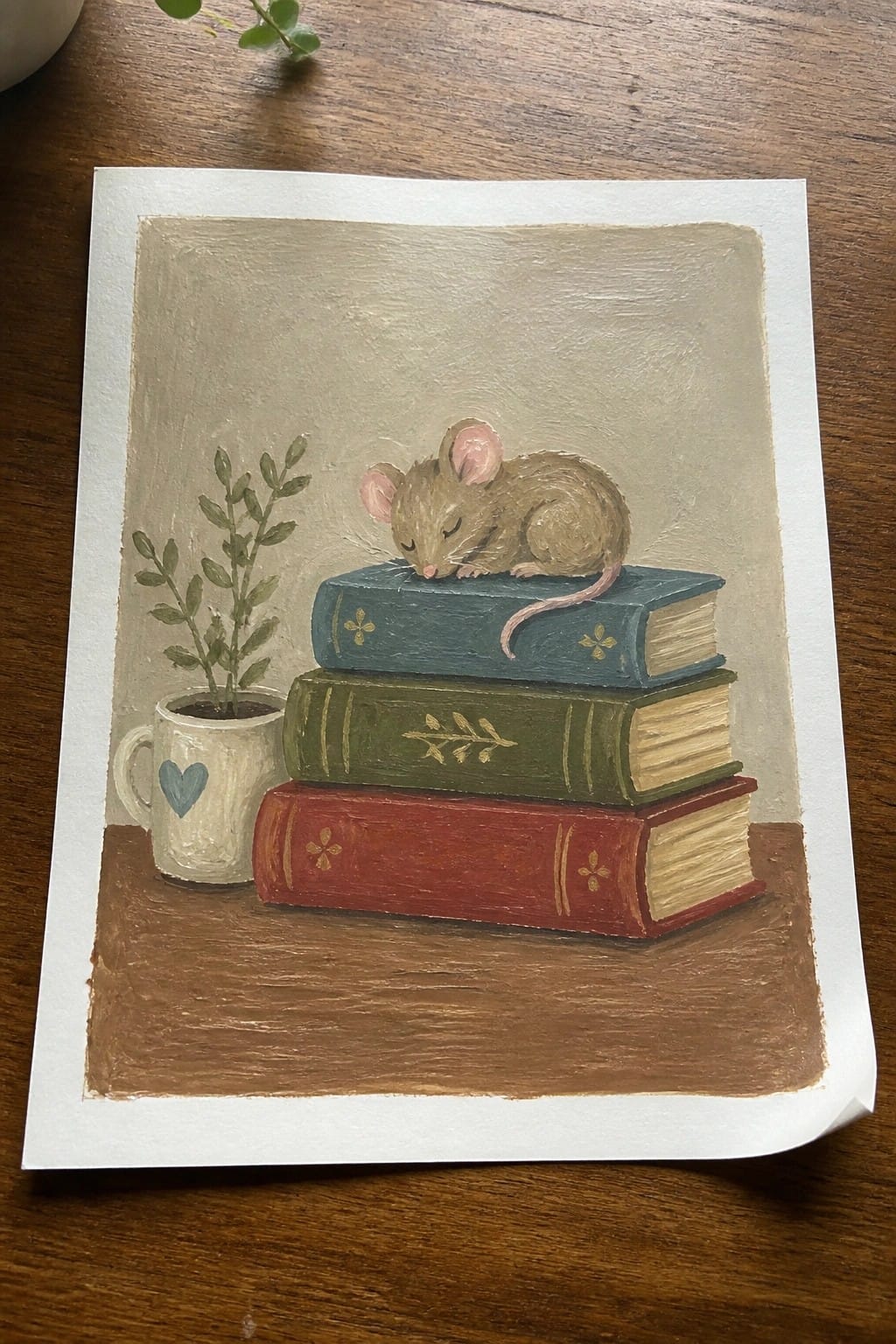 Sleeping brown mouse on stacked blue, green, and red books beside a plant mug.