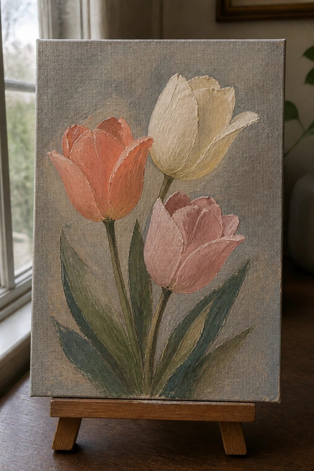 Painting of coral, cream, and pink tulips on a wooden display stand