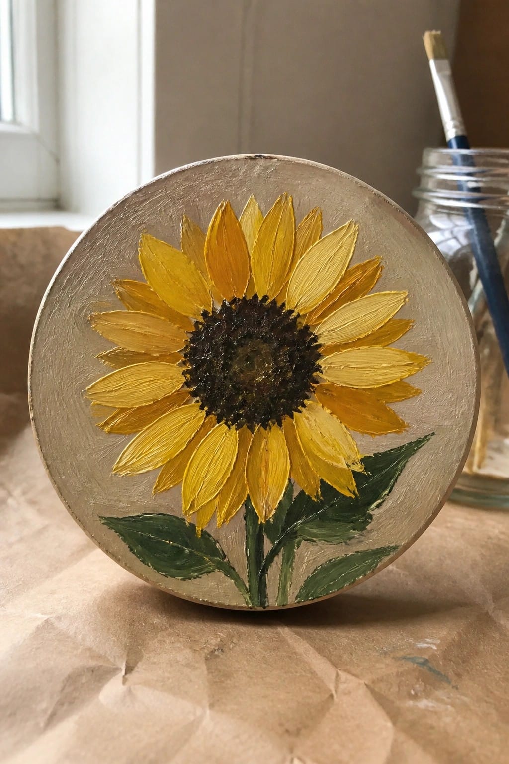 Yellow sunflower with dark center, green leaves and stem on round beige canvas