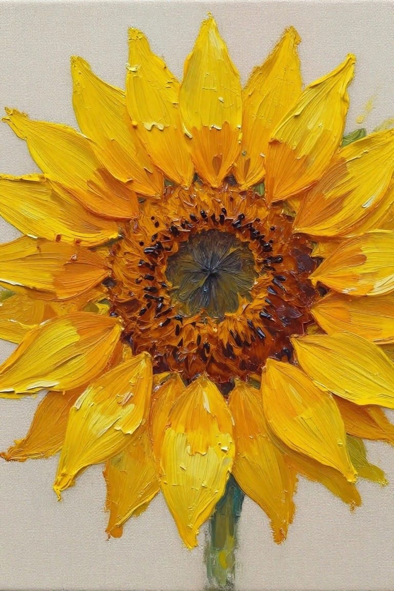 Thickly textured yellow sunflower with dark center in impasto oil painting.