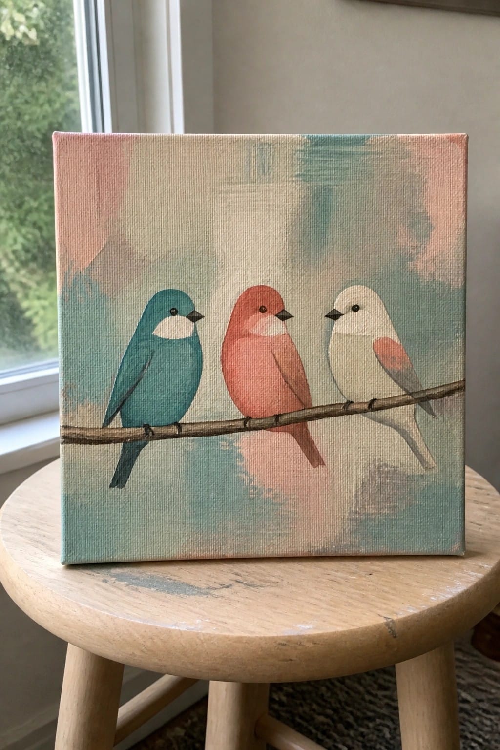 Three birds in teal, coral, and white perched on a branch with pastel background