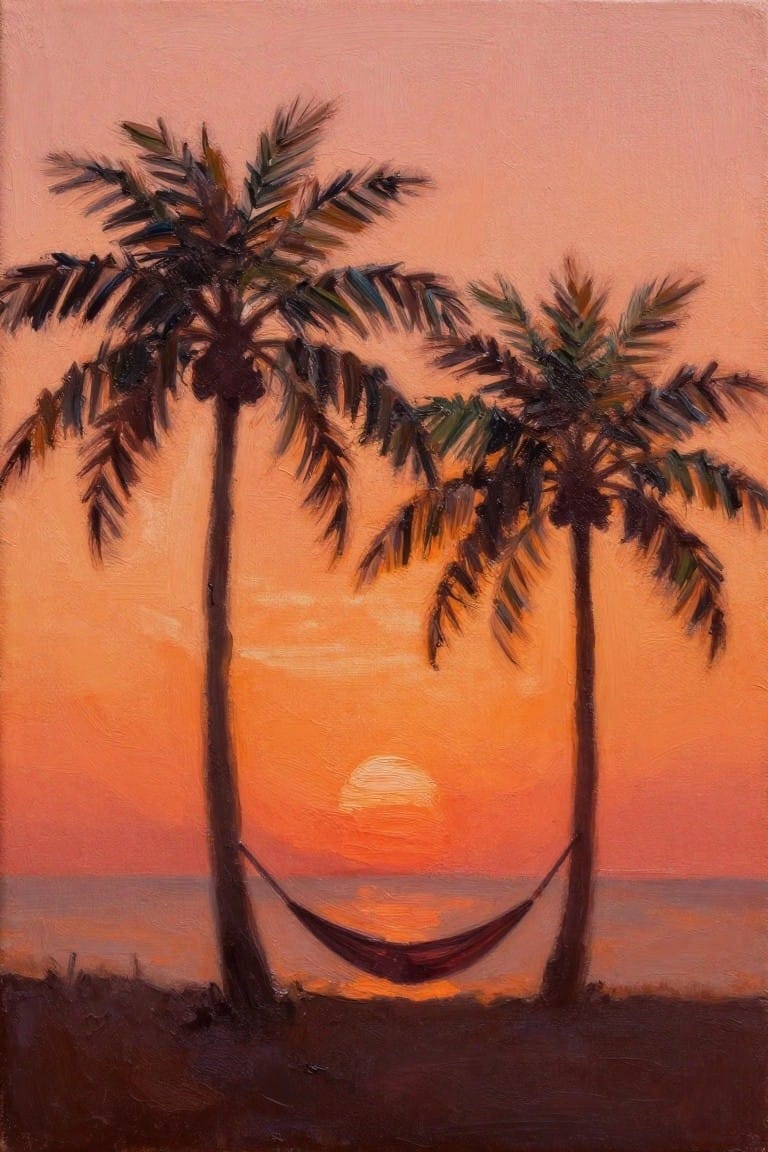 Two palm trees with a hammock between them at a vibrant ocean sunset