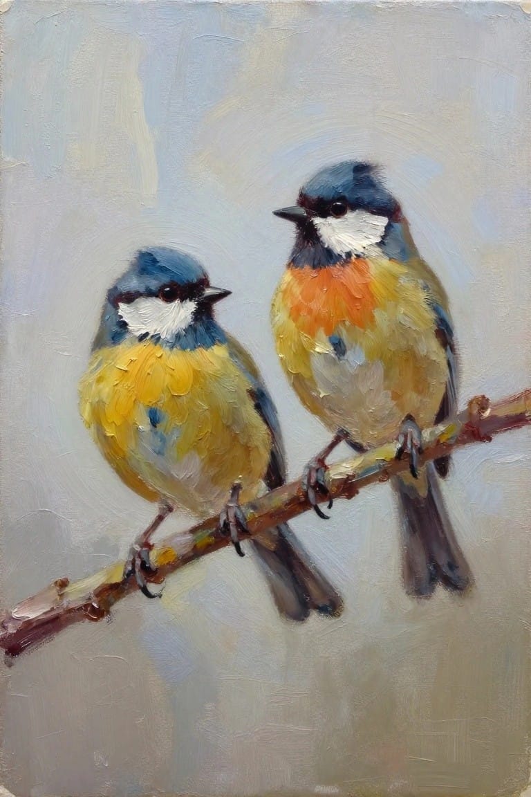 An oil painting of two small birds with blue heads, white cheeks, and yellow bodies perched on a thin branch against a soft gray background.