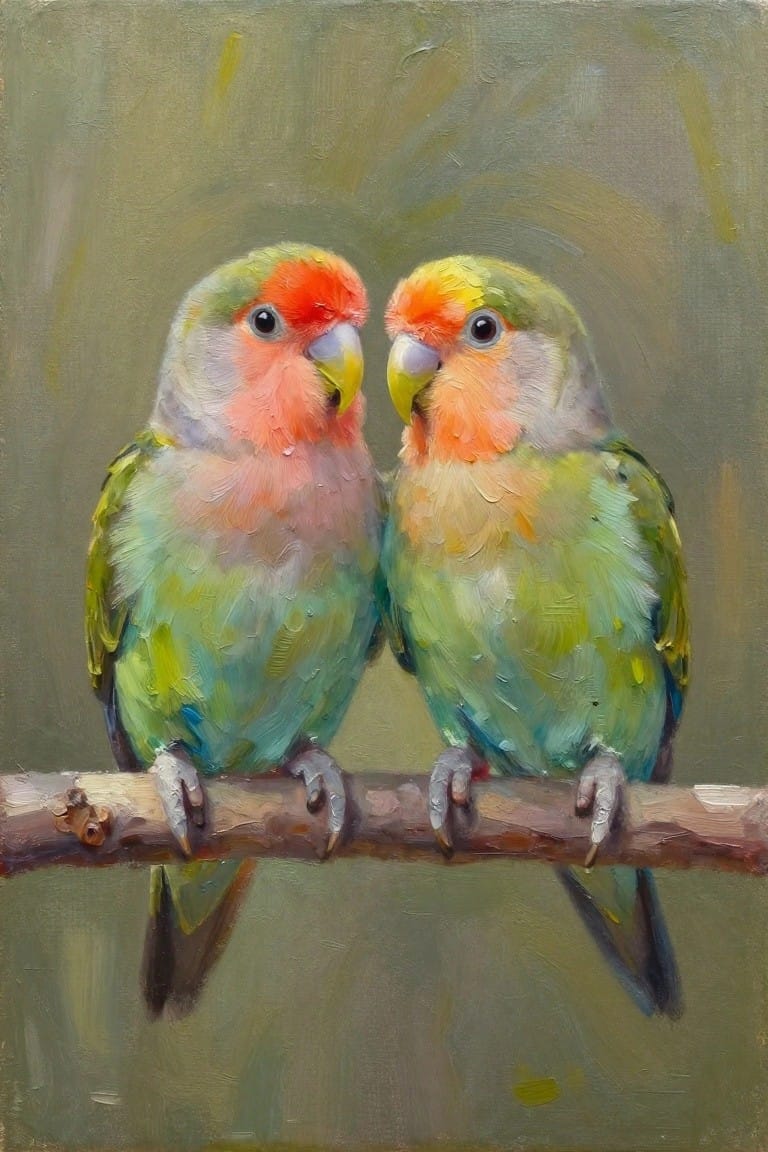 Two vibrant parrots with orange faces perched side by side on a branch in oil painting