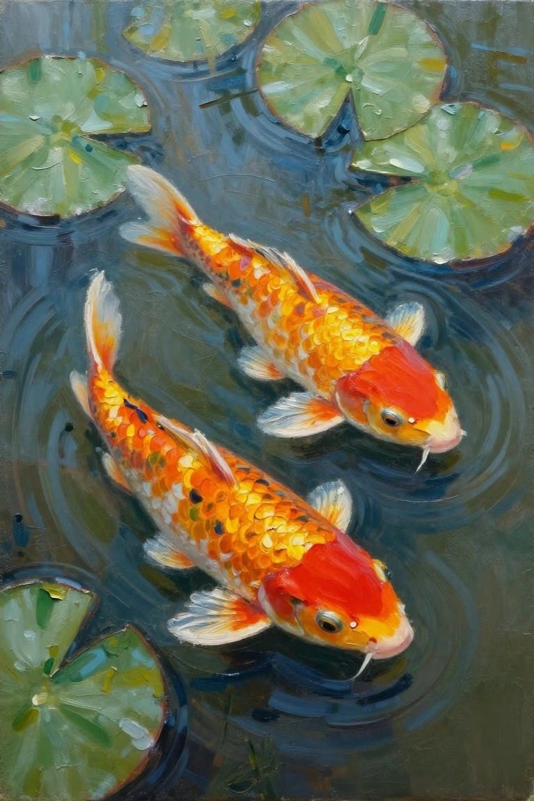 Two orange and red koi fish swimming among green lily pads in a pond.