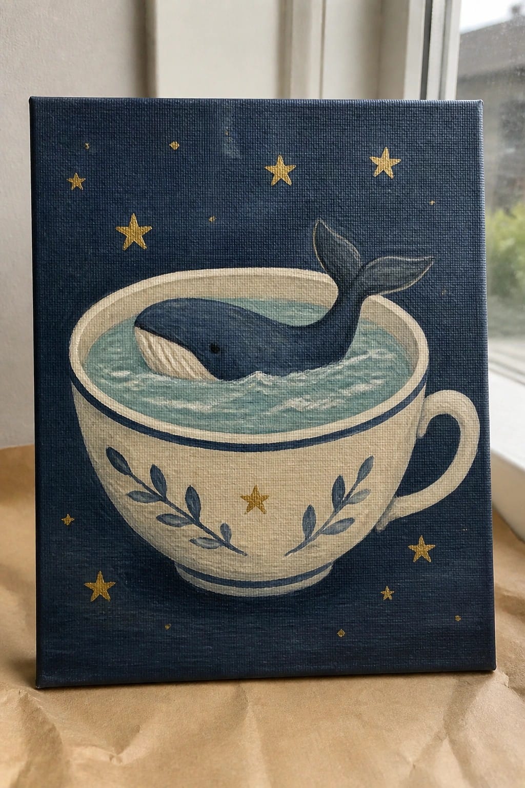 Navy canvas with a whale swimming in a starry teacup of turquoise water