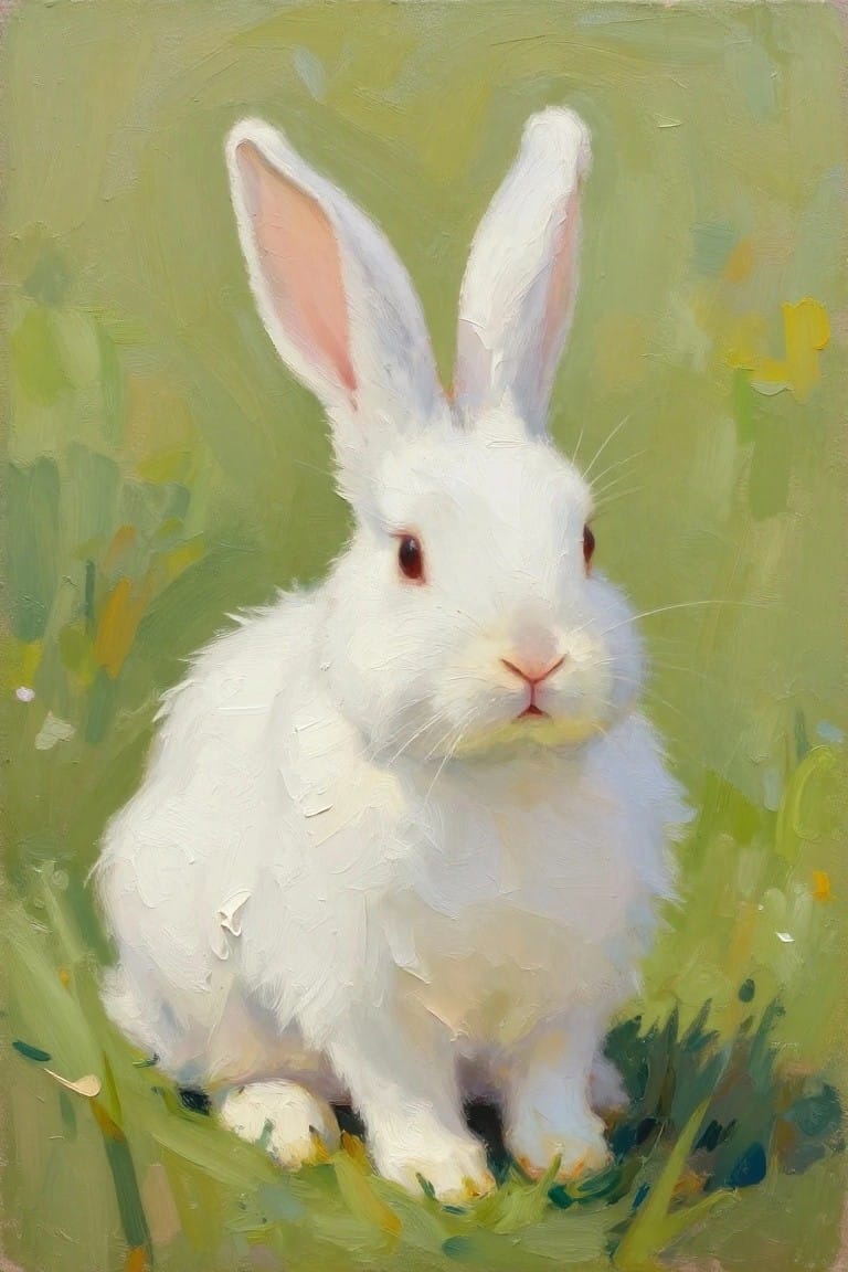 White rabbit with pink ears in green grass and yellow flowers, oil painting style.