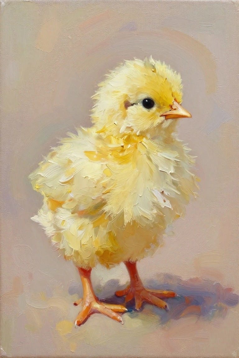 An oil painting of a yellow chick with fluffy textured feathers and orange legs on a soft neutral background.