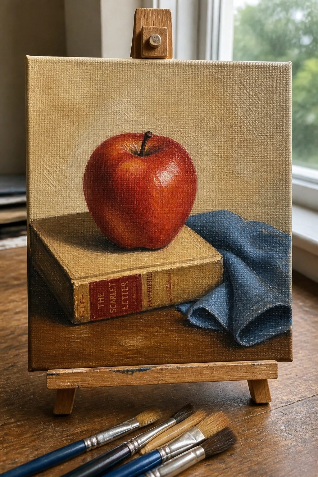Red apple still life on The Scarlet Letter book beside blue cloth on easel