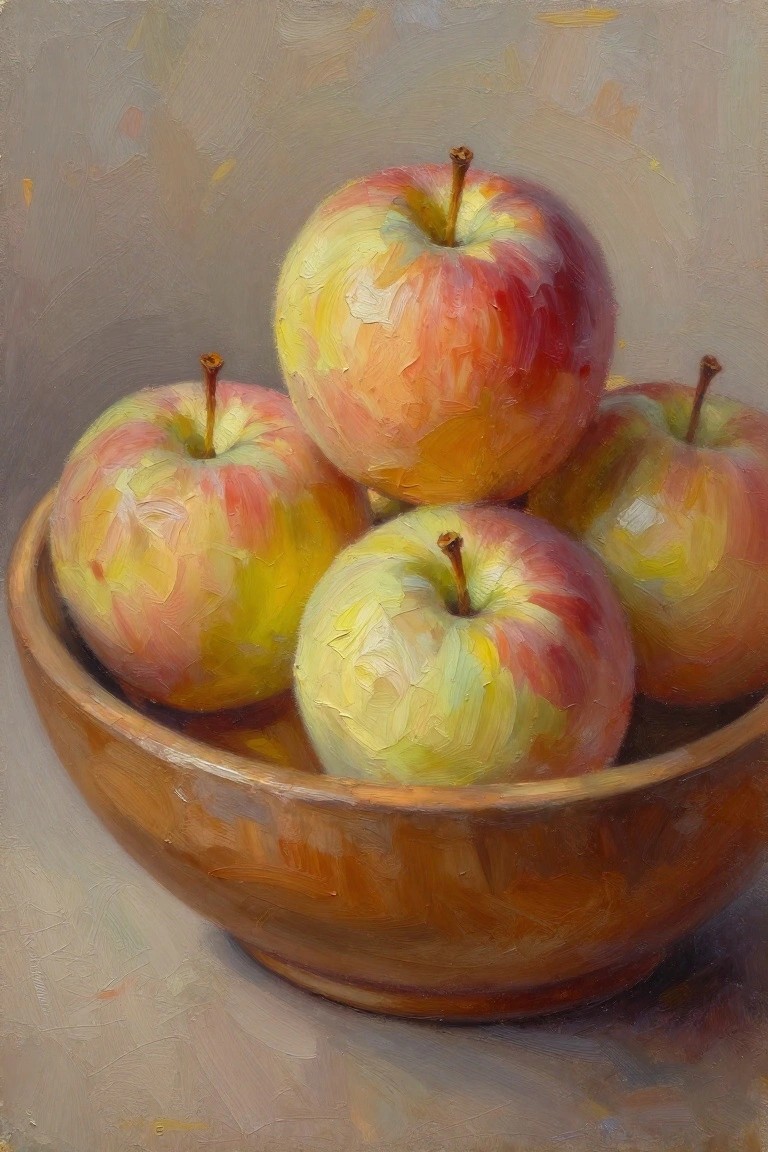 Red and yellow apples in a rustic wooden bowl, painted with thick brushstrokes.