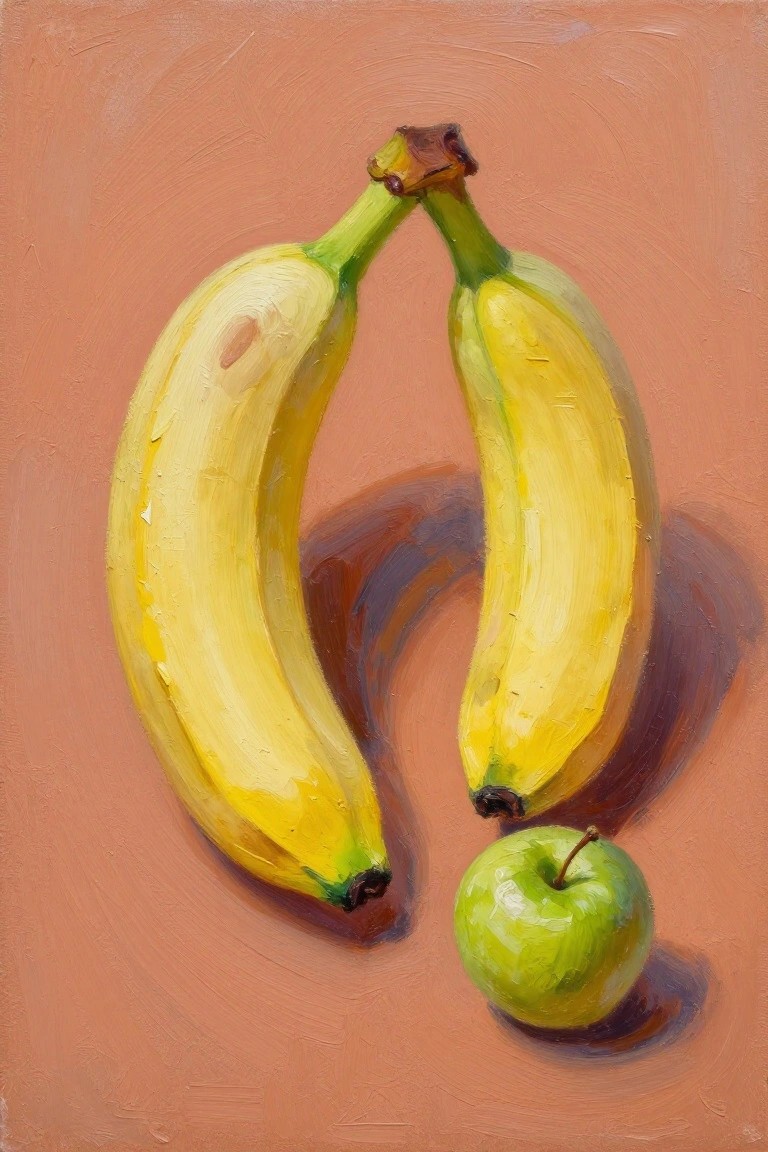 Two yellow bananas leaning together above a green apple on peach background