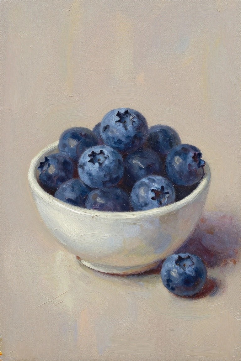 An oil painting of blueberries inside a white bowl with one blueberry resting on the surface outside the bowl.