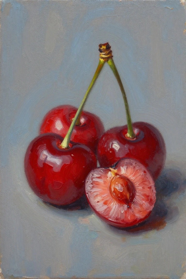 Three glossy red cherries with stems and one halved revealing its pit on blue-gray background