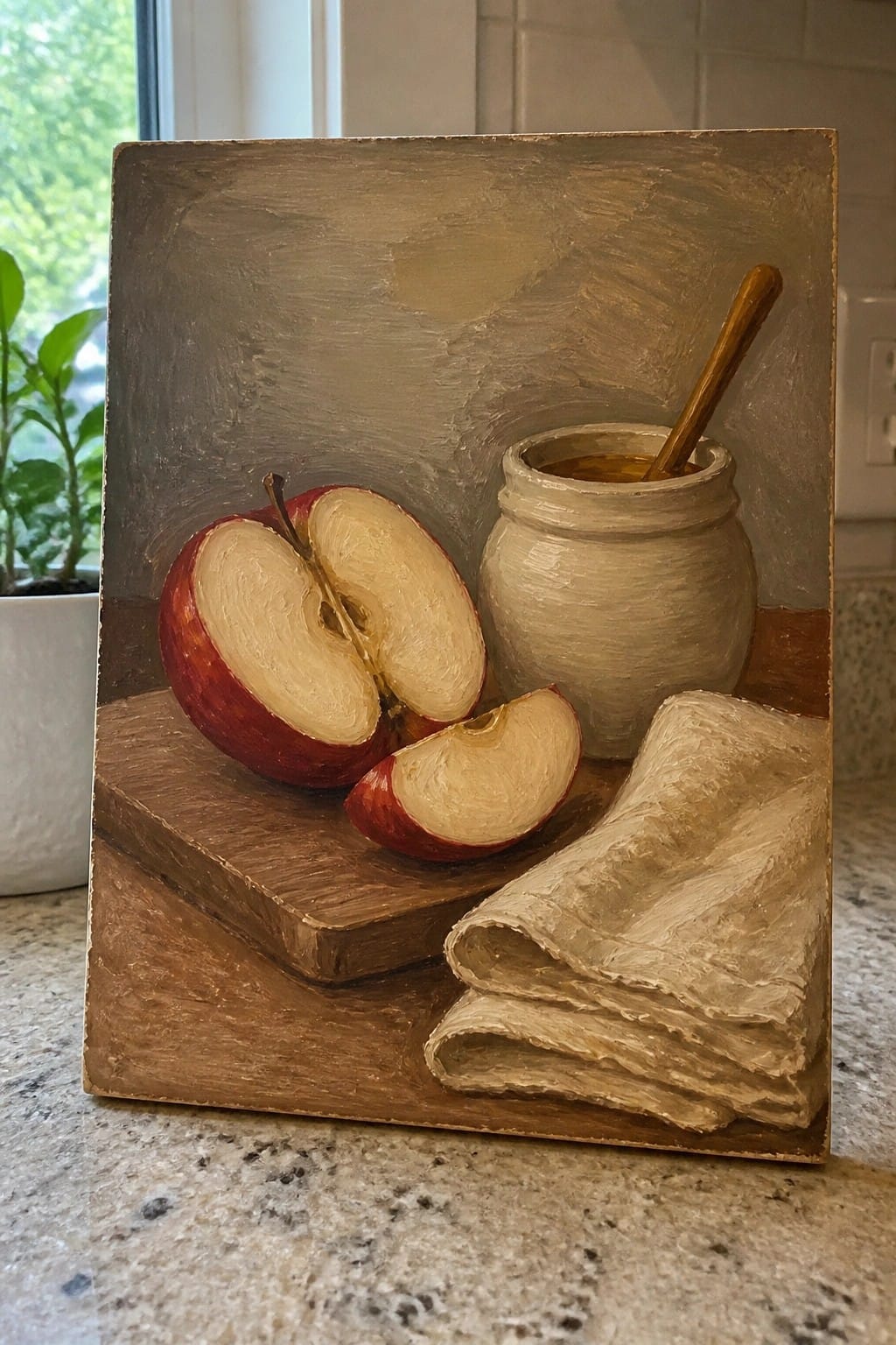 Still life painting of halved red apple, ceramic jar with dipper, and folded cloth on wood.