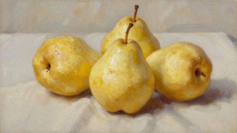 Three yellow pears with brown stems in textured oil painting style