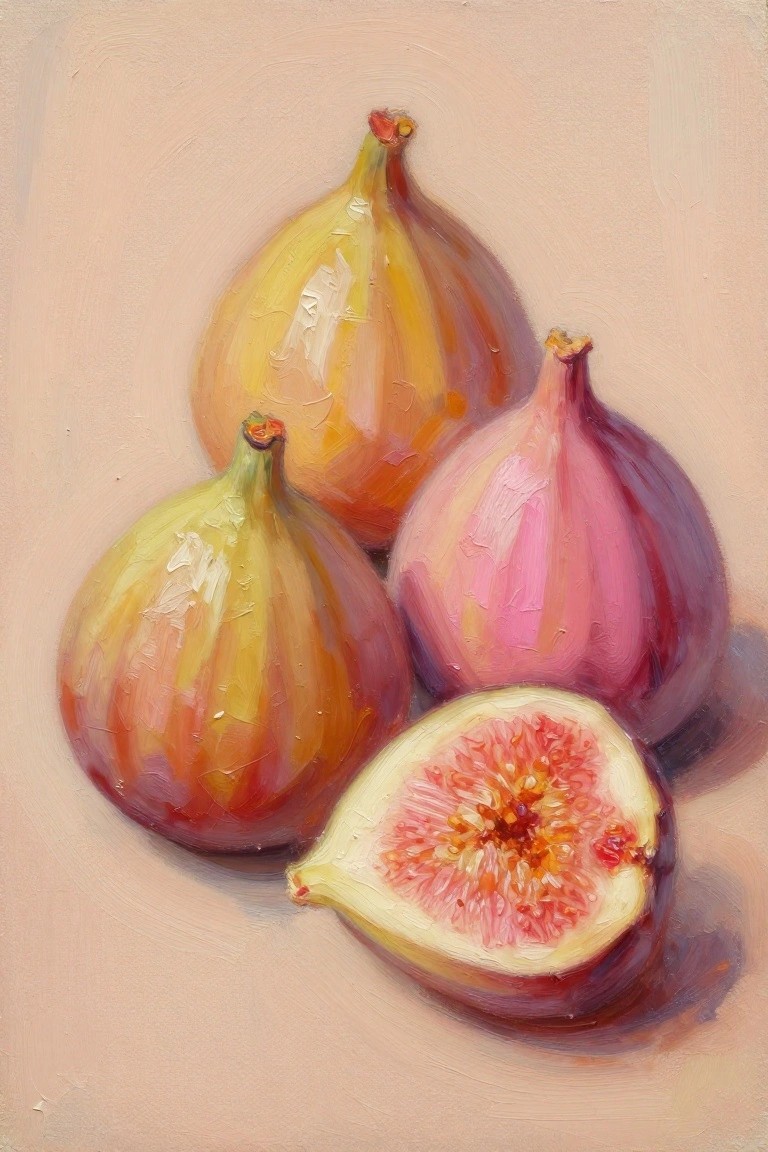 Oil painting of three whole figs and one sliced open showing red seeds