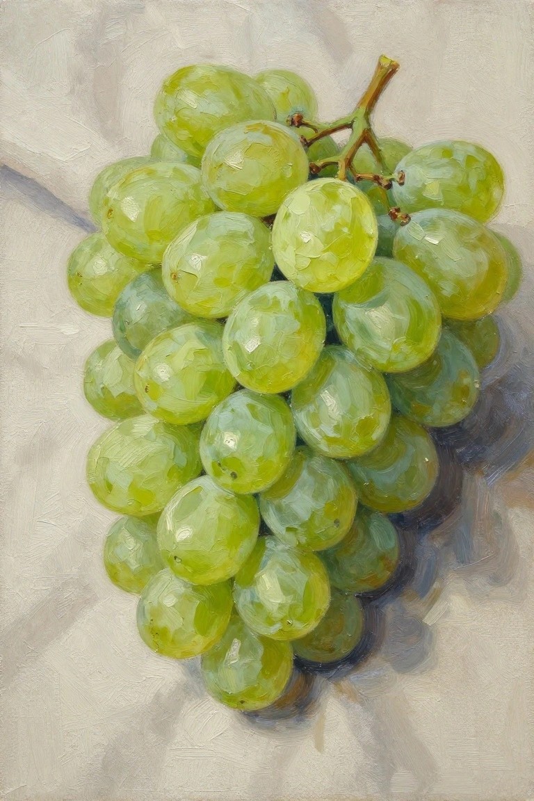 Oil painting of glossy green grapes clustered on a stem against a pale background.