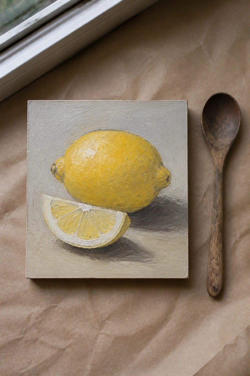 Yellow lemon and slice painting on canvas beside wooden spoon on paper.