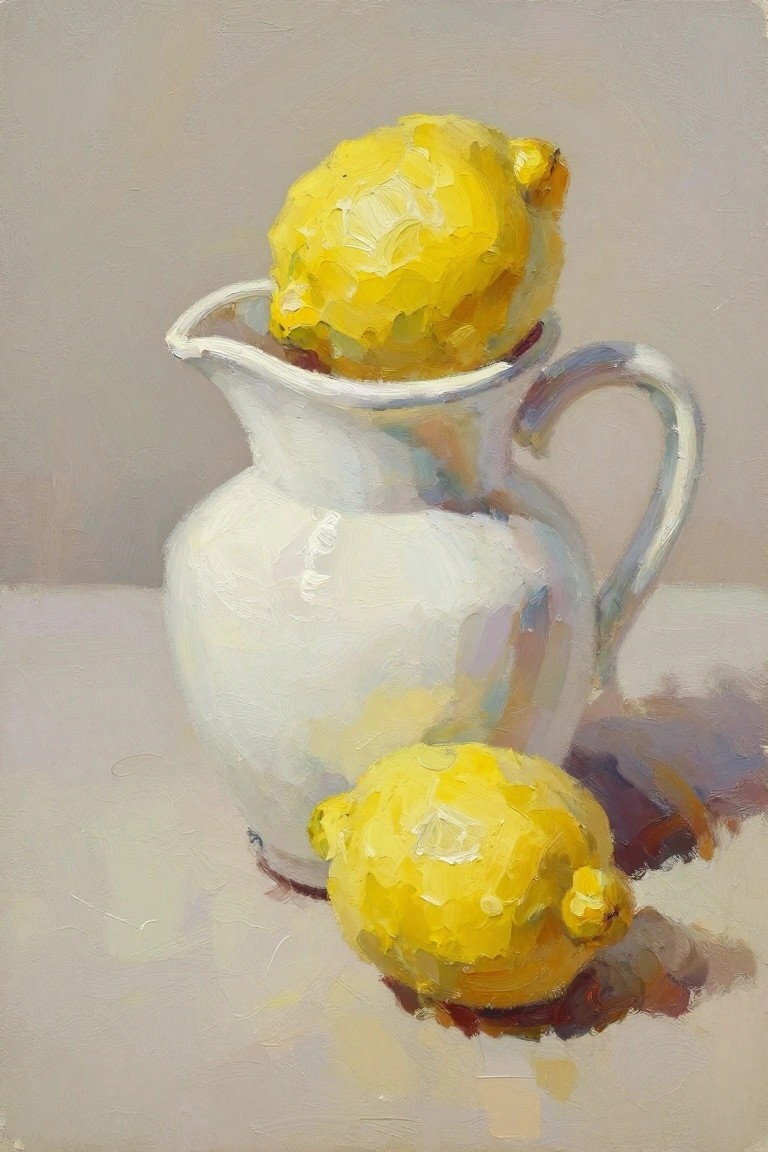 An oil painting of a white pitcher with one yellow lemon resting inside the rim and a second lemon placed in front on a light surface.