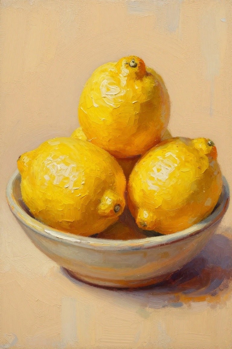 Three yellow lemons in a shallow bowl, thick oil painting brushstrokes on beige background