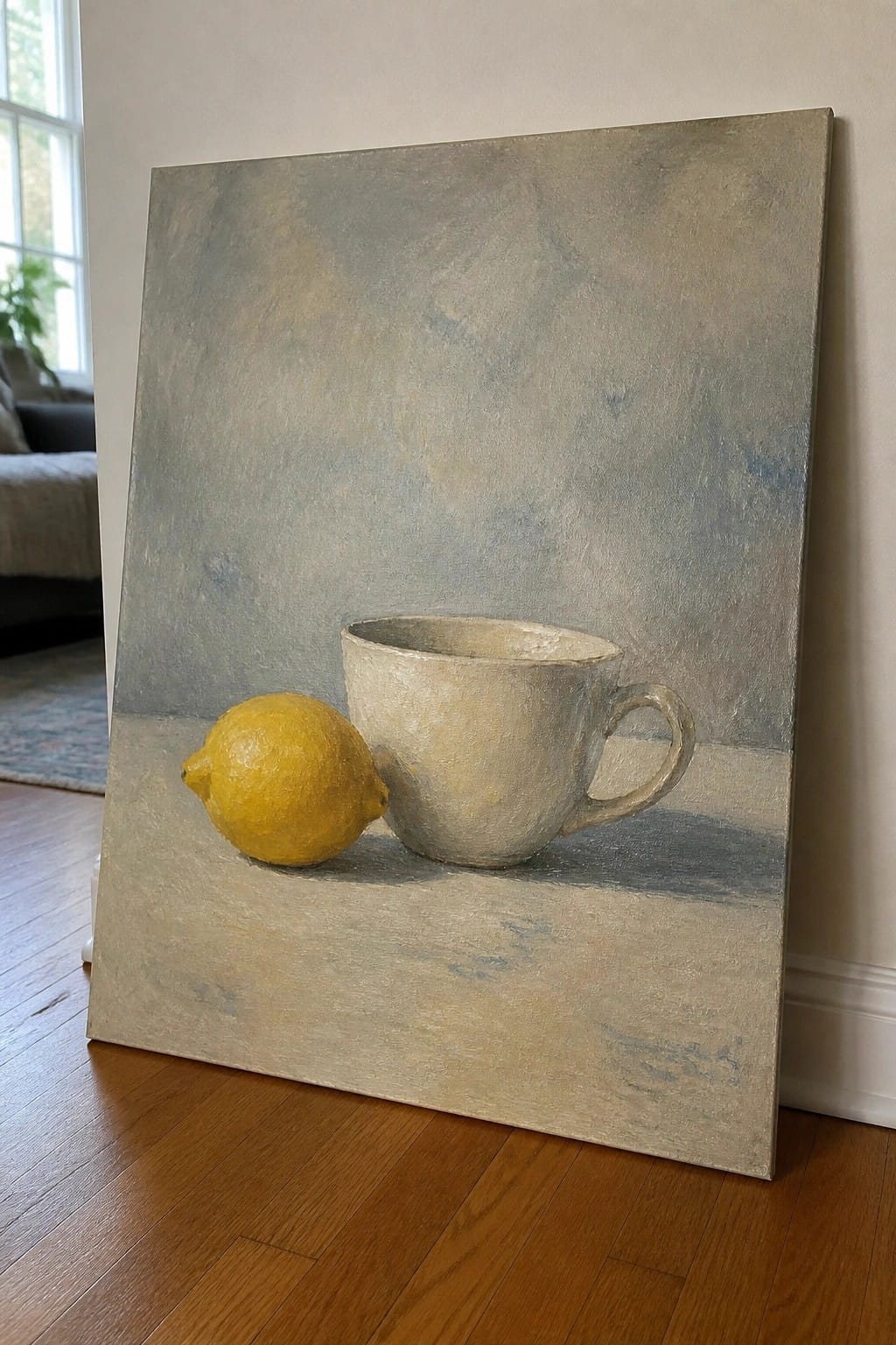 Yellow lemon beside textured white cup on large canvas against wall.