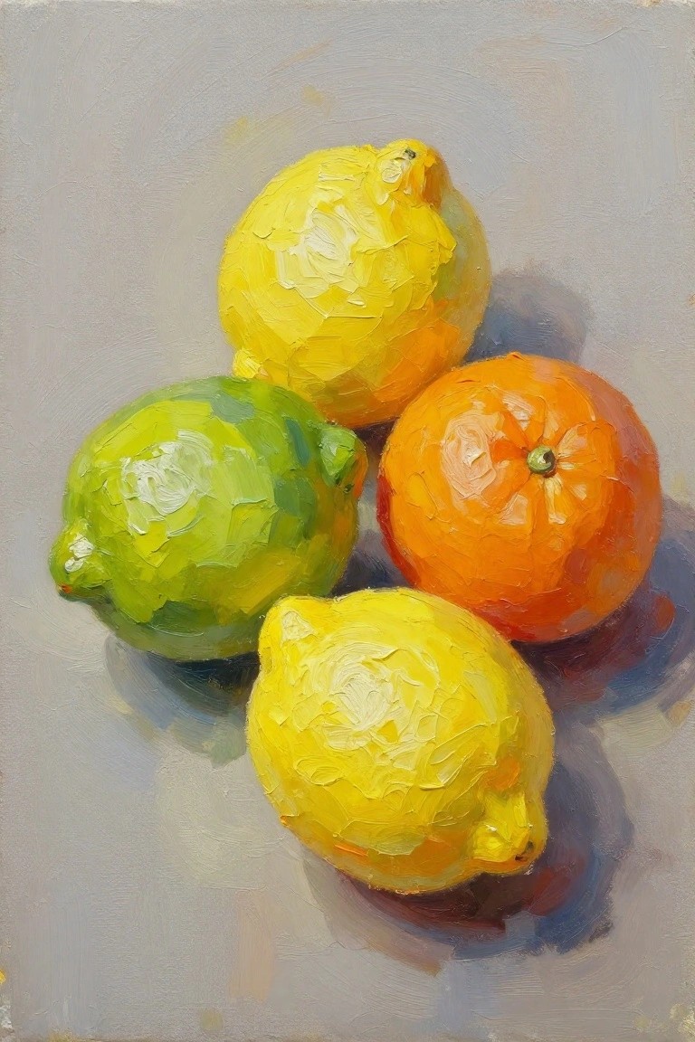 Oil painting of two lemons, a lime, and an orange with thick brushstrokes.