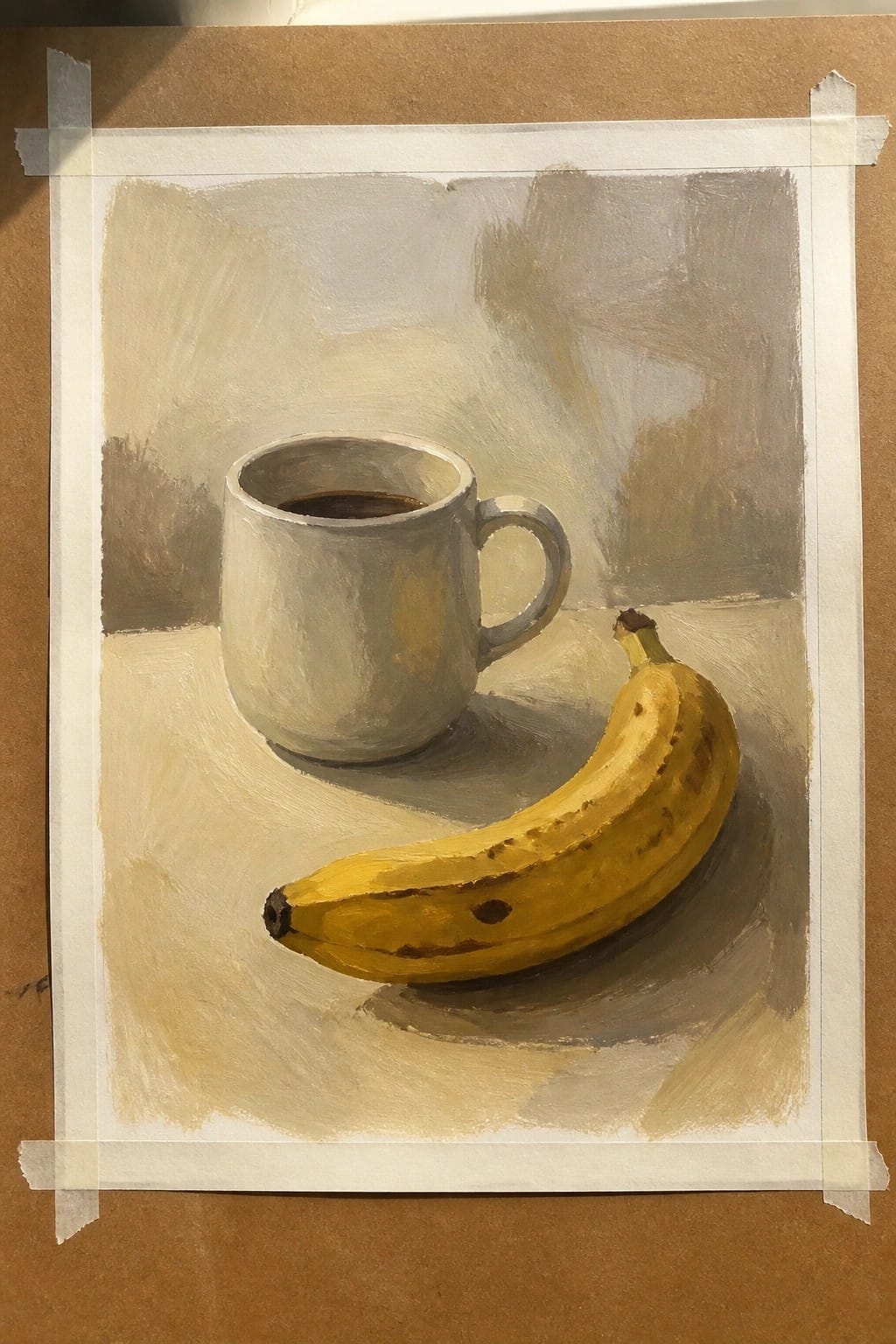 Still life painting of white coffee mug beside spotted yellow banana, taped to brown board