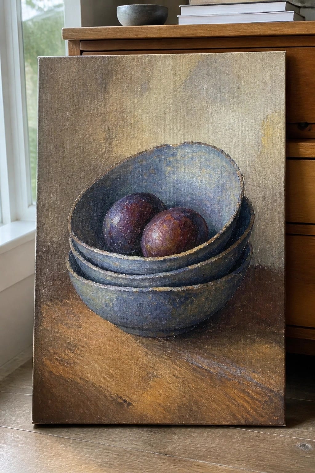 Stacked blue bowls with plums in still life painting on wooden floor
