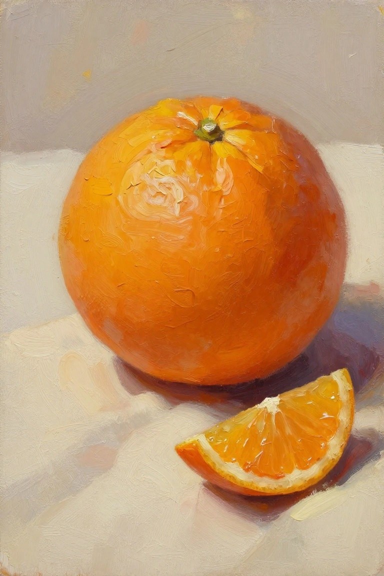 Thickly textured oil painting of whole orange with slice on white surface
