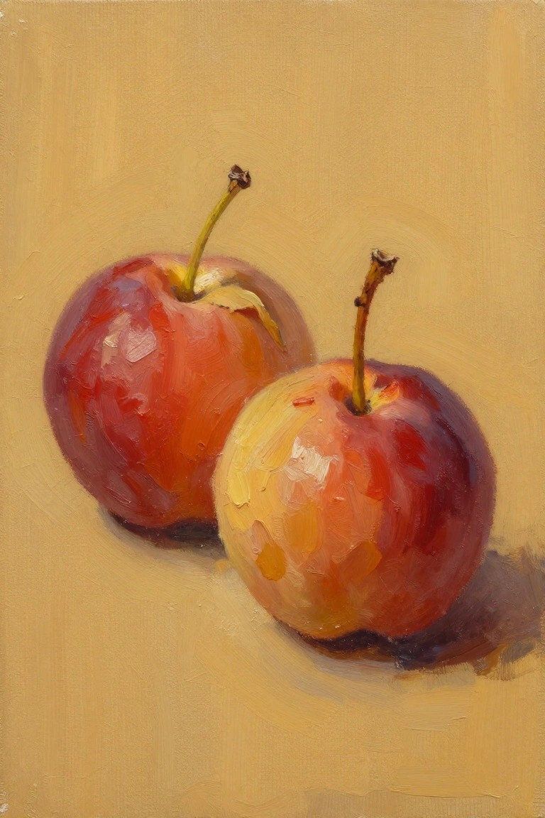 Oil painting of two red apples with stems on a light brown background.