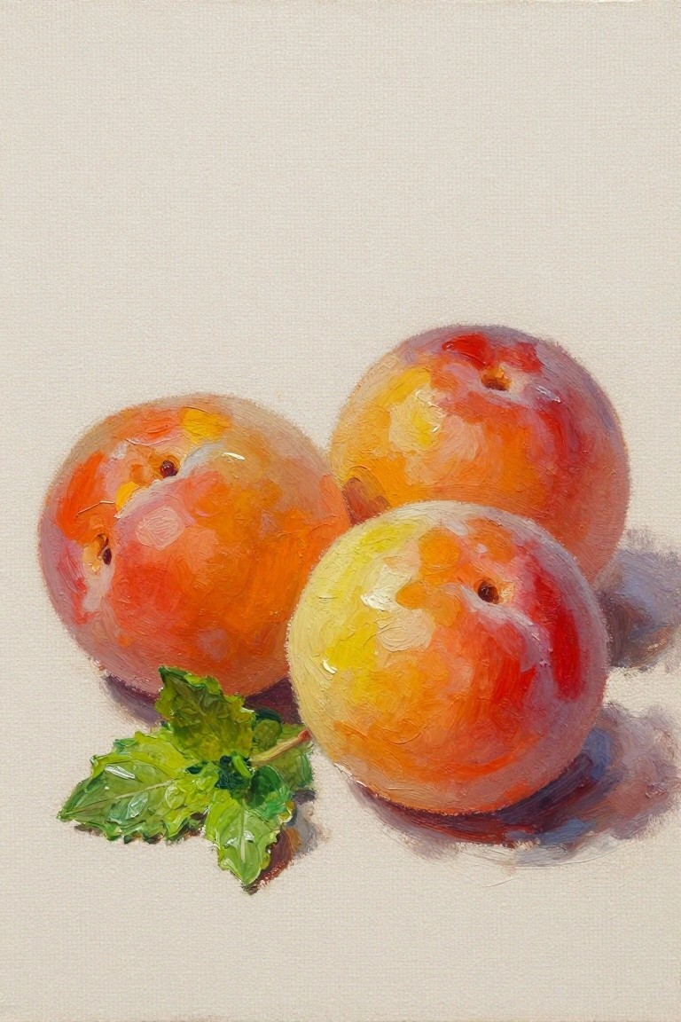Three vibrant peaches in orange-red hues with green mint leaves on canvas
