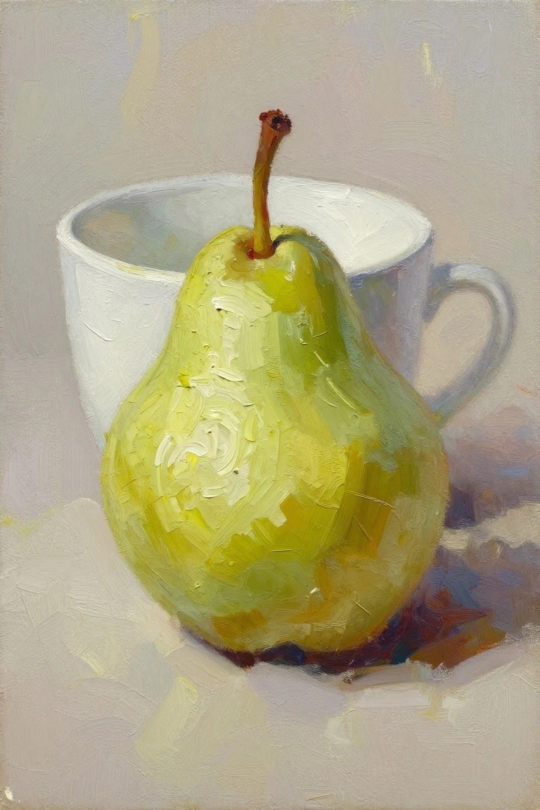Green pear with brown stem before white ceramic mug in oil painting
