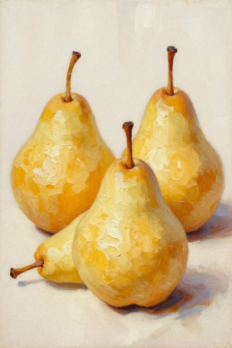 Three yellow pears with brown stems in textured oil painting style