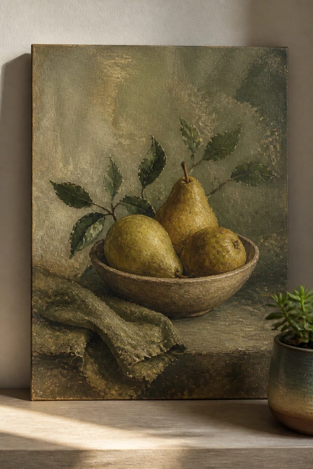 Three green pears in rustic bowl with leaves, draped cloth on textured surface