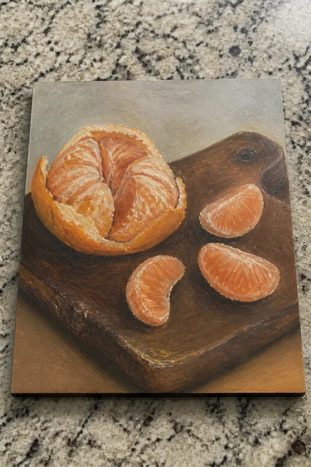 Still life painting of peeled tangerine and slices on dark wooden cutting board