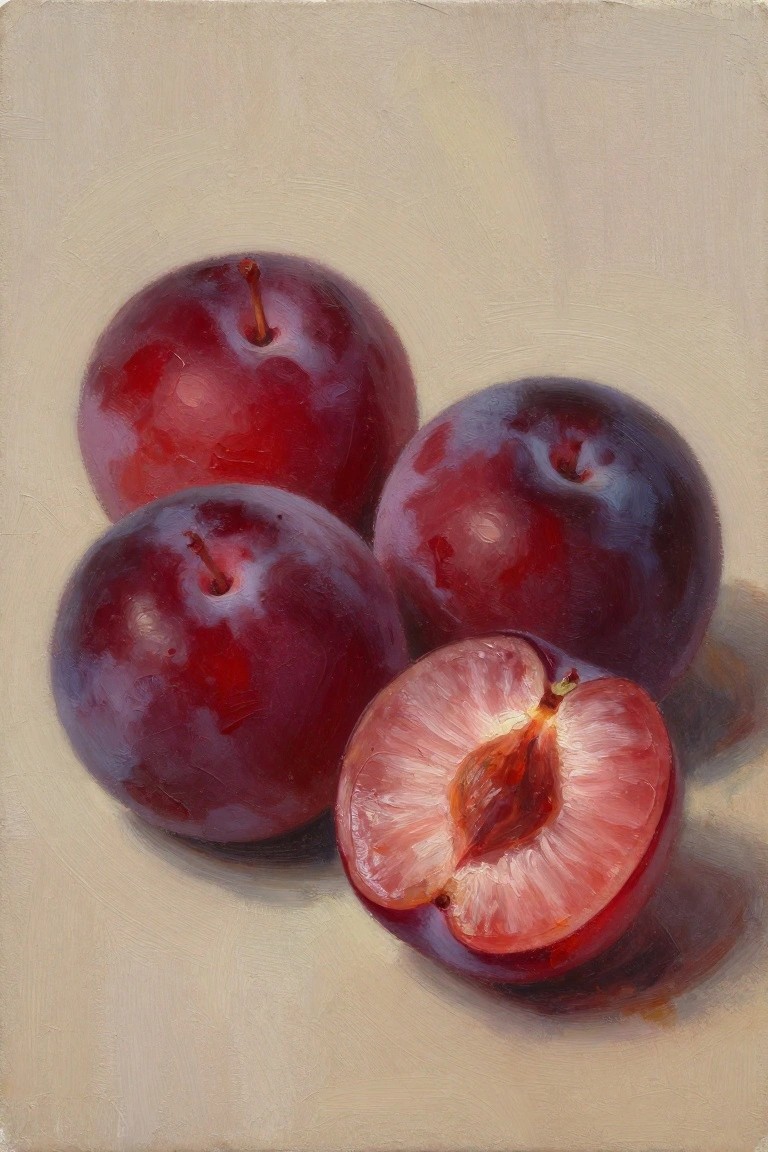 Realistic oil painting of three whole and one halved deep red plums.