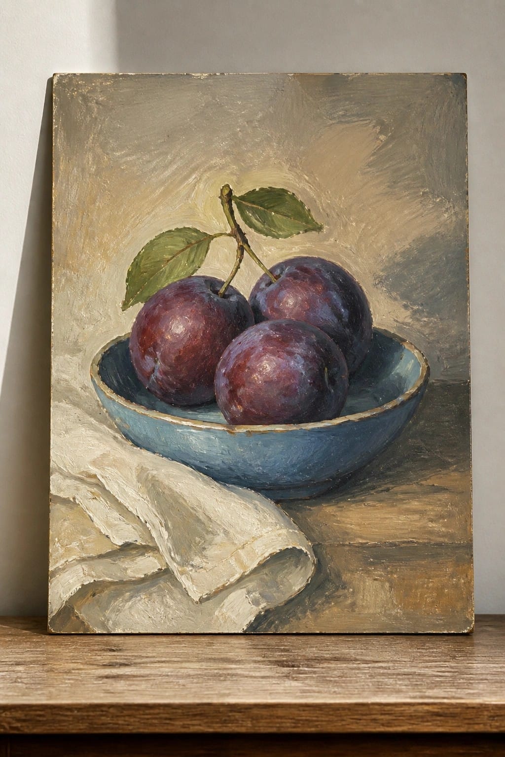 Three plums in blue bowl with leaves beside white cloth on wooden table