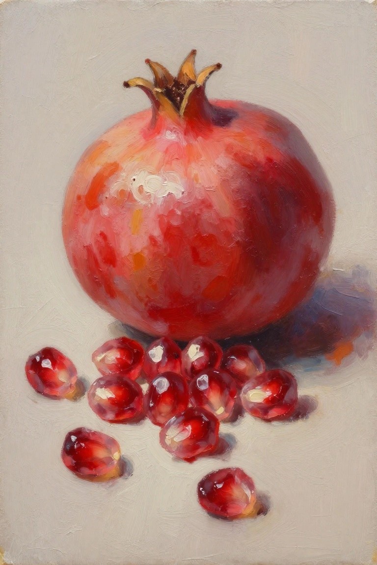 Oil painting of large red pomegranate with scattered arils on light background