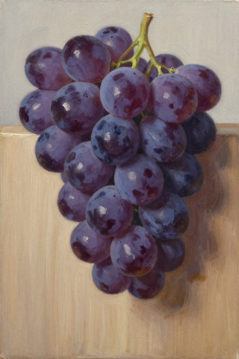 An oil painting of a bunch of purple grapes resting on a light wooden surface against a plain background.