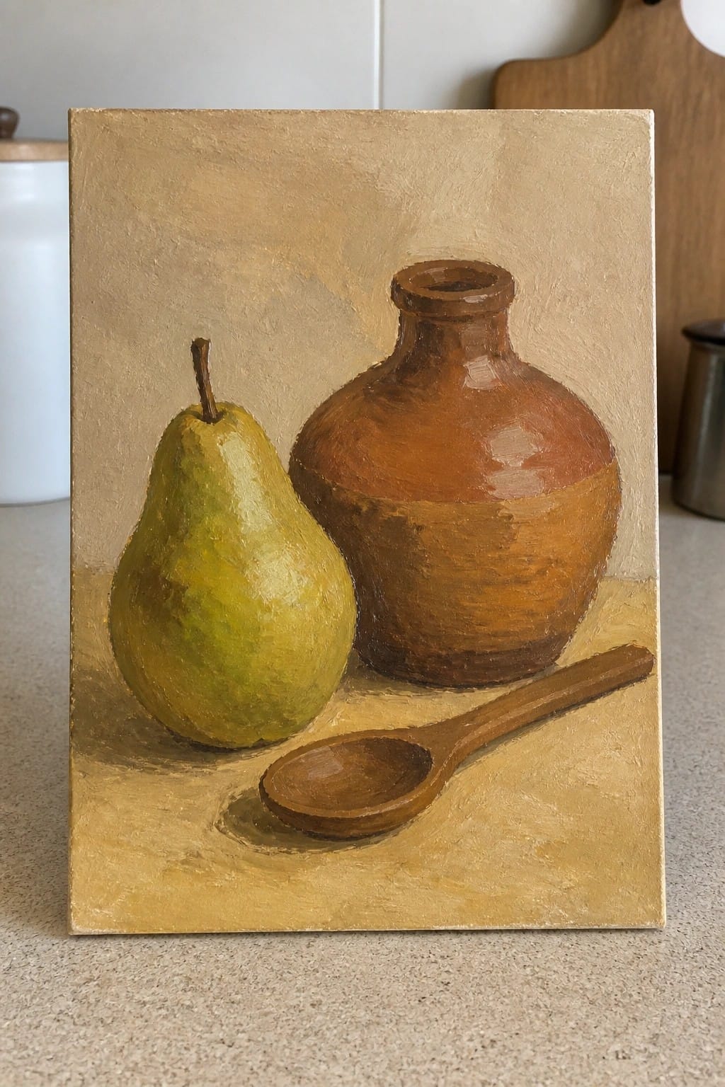 Still life painting of green pear, brown clay vase, and wooden spoon on gold.