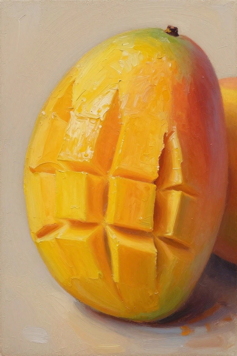 Textured oil painting of a ripe mango with cubed yellow sections
