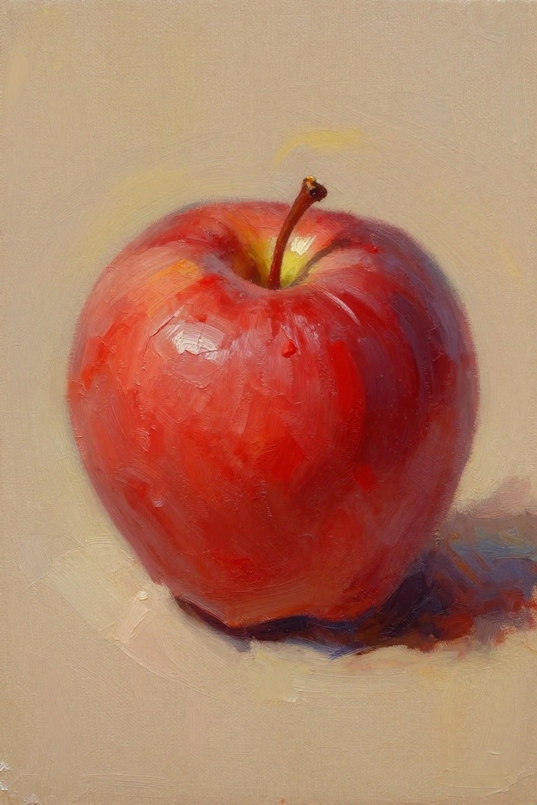 Vibrant red apple with brown stem, glossy highlights and soft shadow on beige background