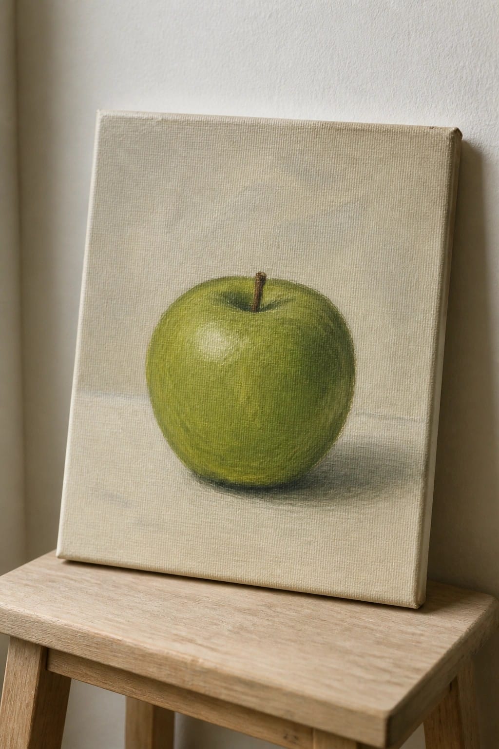 Realistic green apple painting on canvas resting on wooden stool against wall