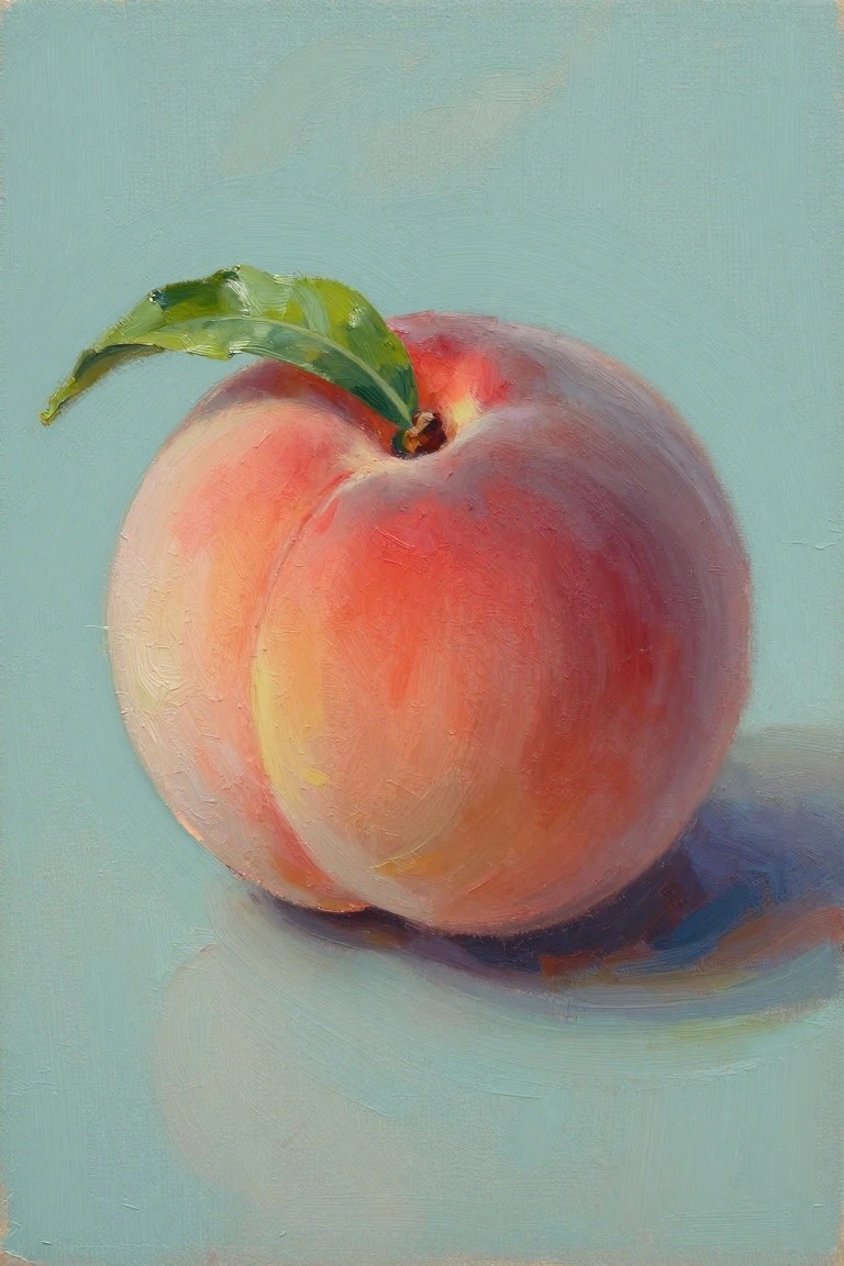 Oil painting of a ripe peach with green leaf on light blue background.
