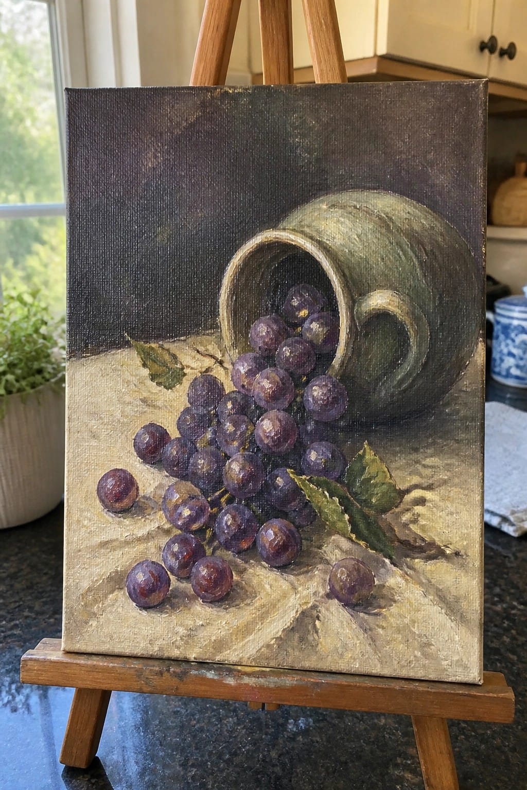 Realistic still life painting of purple grapes spilling from a tipped green ceramic pitcher.