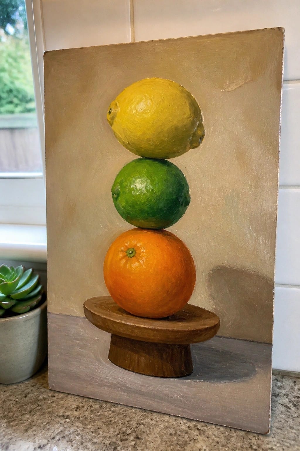 Realistic painting of yellow lemon, green lime, and orange stacked on wooden pedestal