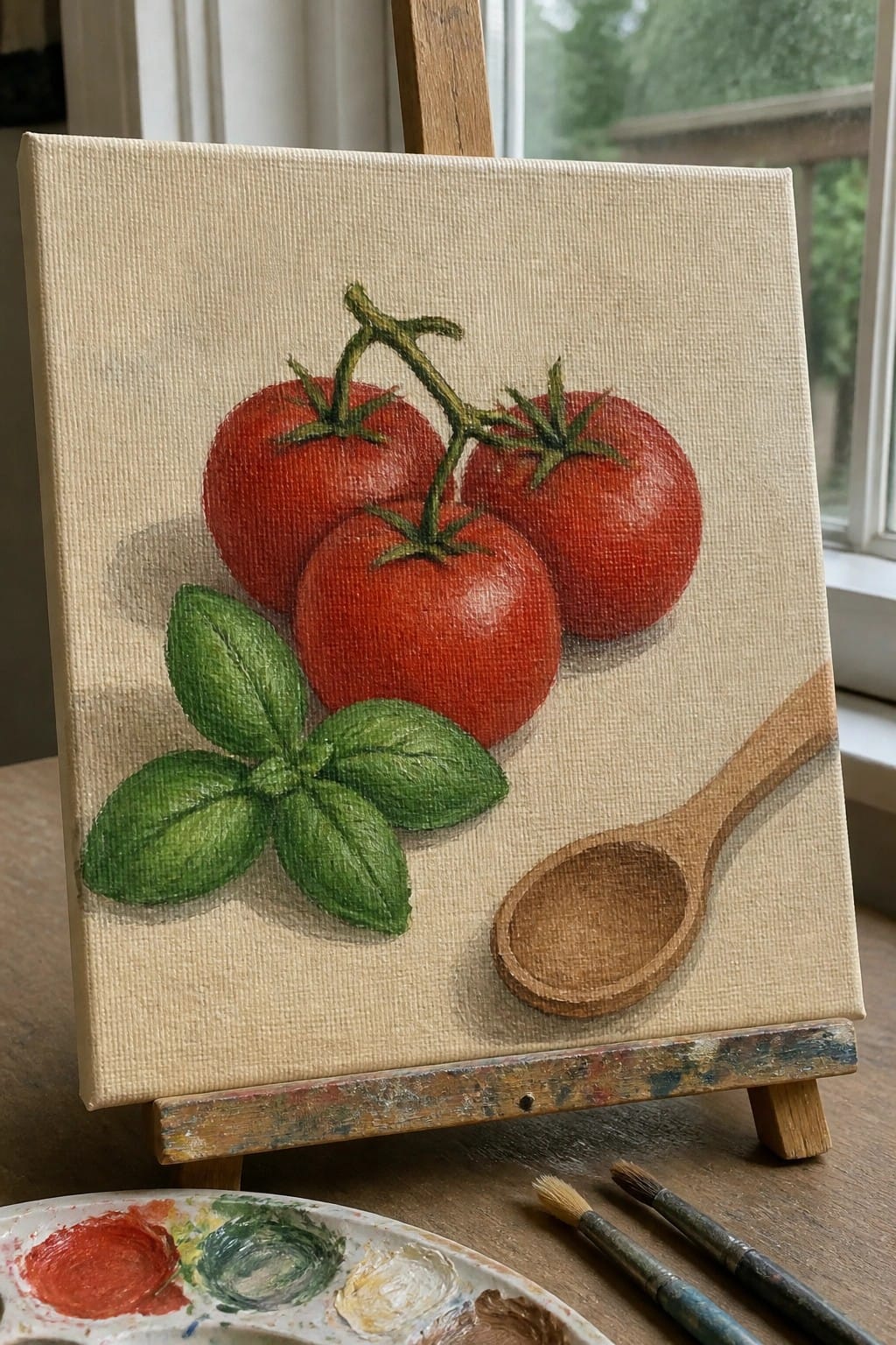 Still-life canvas on easel shows red tomatoes, basil leaves, and wooden spoon.