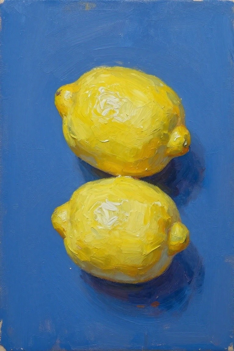 Two yellow lemons with thick brushstrokes on a vibrant blue surface.