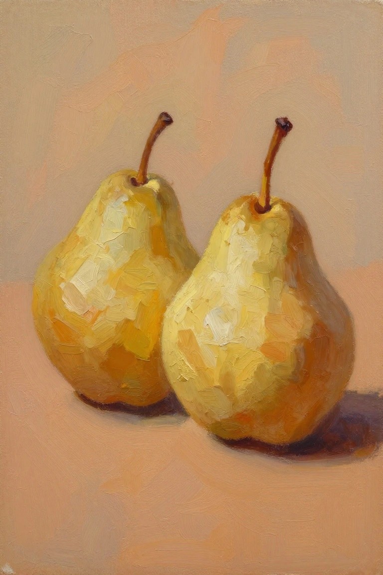 Two yellow pears with stems on pink surface in oil painting style